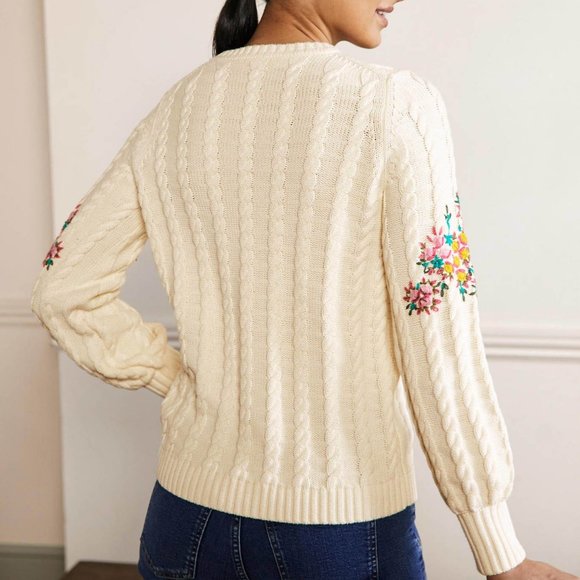 Boden sweater Ivory Embroidered Cable Knit Cotton Jumper 4 S SM Small - Picture 3 of 13
